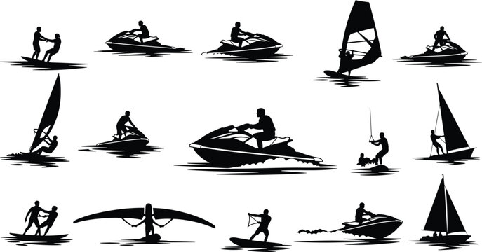 Black water sports silhouette set with jet ski, windsurfing, sailing and surfing, isolated on white background
