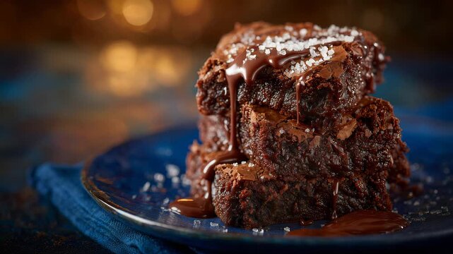 Luxury dessert shot of stacked chocolate brownies, glistening surfaces, deep cocoa color palette, soft directional lighting emphasizing richness and decadence