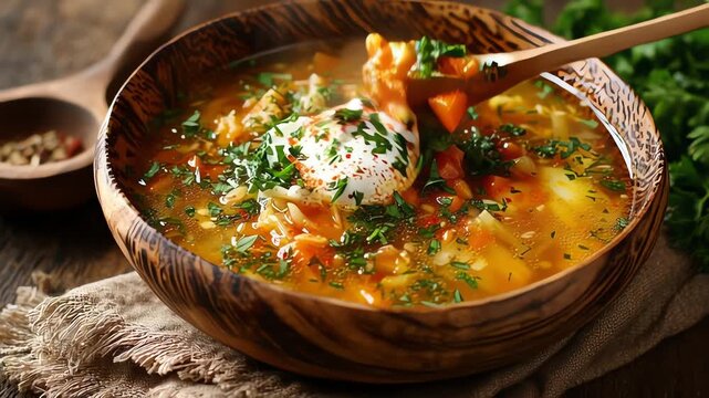 Delicious homemade soup in bowl.