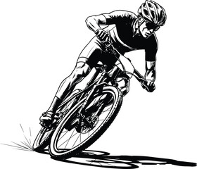 Dynamic black and white mountain biker sketch vector illustration of athlete cornering on trail during intense race. © Najmul