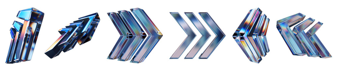 Set of 3d transparent glossy triangles with dispersion effect. Rainbow colors reflection glass. 3d glass arrows box with crystal dispersion effect. Abstract empty glassy square with prism holographic