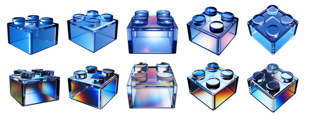 Set of 3d transparent glossy building block with dispersion effect. Rainbow colors reflection...
