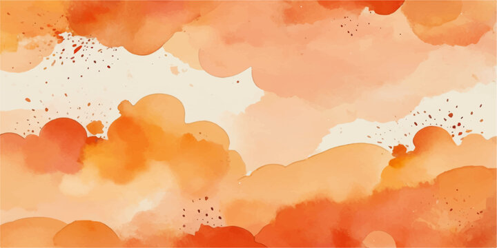 Abstract watercolor landscape background with grunge paint splashes and autumn leaves featuring a vintage sun and orange clouds for a summer nature sunset design