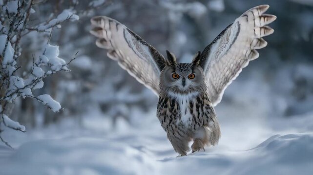 Owl striding across a snow-covered clearing, feathers fluffed against the cold, intricate patterns visible on wings and back, serene winter trees softly blurred behind, piercing ga