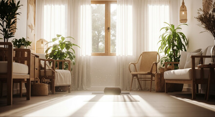Fototapeta premium Serene Living Room with Plants and Natural Light through Sheer Curtains and Wooden Furniture