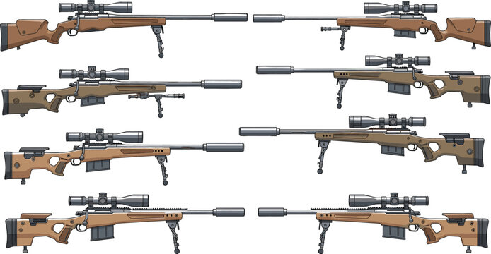 Flat vector illustration set of modern tactical firearms including assault rifles handguns pistols and shotguns for gaming and military