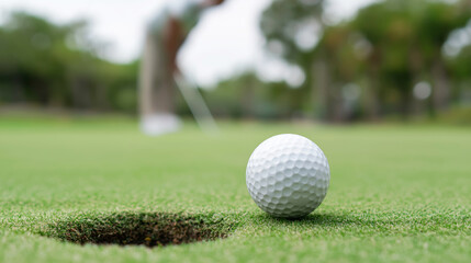 Fototapeta premium Golf ball sitting precariously on the lip of a golf hole, symbolizing a near miss or anticipation of success