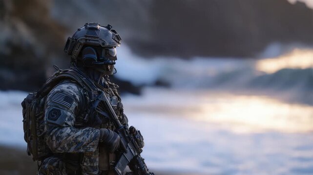 Side profile of SEAL standing at water&rsquo;s edge, full gear including dive helmet and oxygen tanks, dim ambient light reflecting off gentle waves, sense of readiness and focus on miss