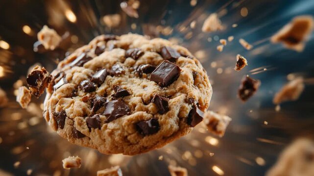Slow-motion style shot of a chocolate chip cookie in mid-air, crisp edges and gooey chocolate chips visible, crumbs suspended around it, warm bakery lighting enhancing texture and