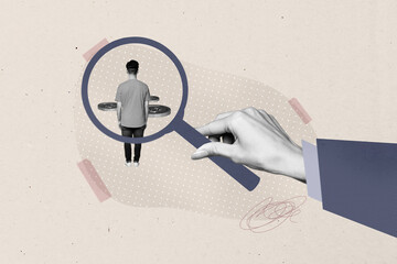 Creative design composite artwork collage of big size hand hold magnifier glass research young man...