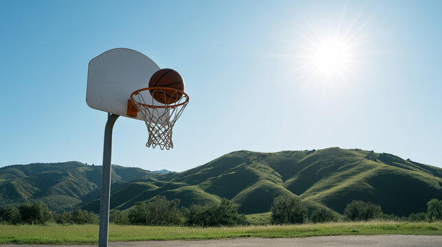 Basketball resting inside an outdoor hoop, symbolizing success, healthy lifestyle, and recreation under a bright clear sky