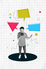3D collage trend artwork composite sketch poster of young man stand hold loudspeaker online...