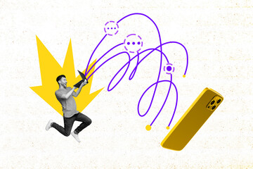 3D photo collage template trend artwork sketch of young man smile jump gold laptop line connection...