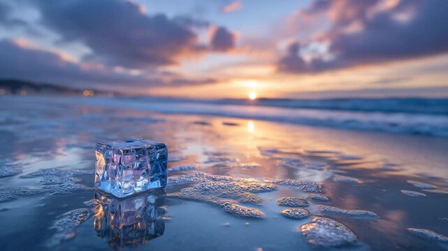 Solitary ice cube on reflective wet sand near the shore, sunset sky mirrored in its facets, warm gradient tones contrasting with cold transparency of ice, calm and serene beach sce