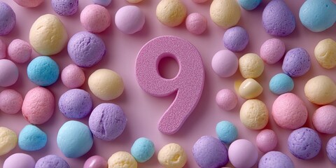 Delicate Pink and Pastel Sweet Candies Celebrating a Ninth Birthday with Number Nine Decoration
