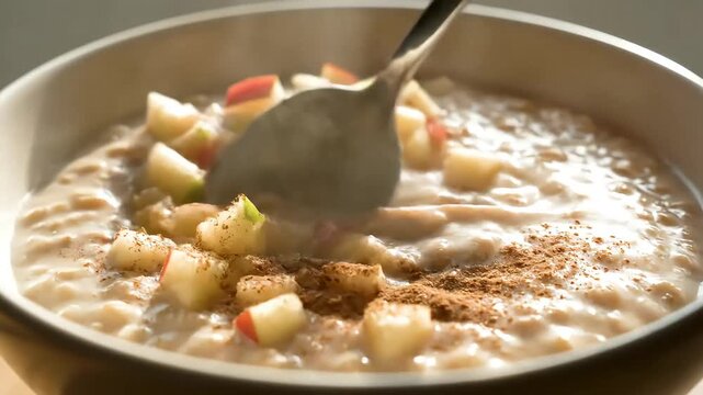 A spoon stirs diced apples and cinnamon into a steaming bowl of oatmeal on a wooden table
