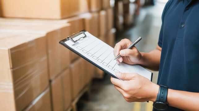 Person checking inventory list details on clipboard with pen at warehouse environment, managing supply chain
