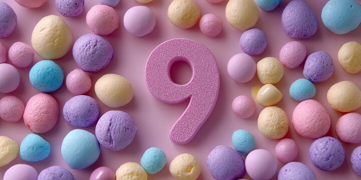 Delicate Pink and Pastel Sweet Candies Celebrating a Ninth Birthday with Number Nine Decoration