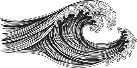 Fototapeta premium Monochromatic illustration of a large ocean wave crashing strongly