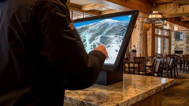 Medium shot of a modern kiosk displaying an interactive slope map with intuitive navigation options and detailed ski area layouts for easy exploration.