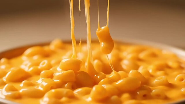 A bowl of macaroni being pulled with melted cheese stretching from above in a close-up view