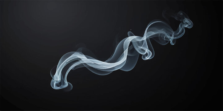Abstract swirling smoke waves on a black background create a smooth motion pattern of light and incense fume in this artistic concept of flow and aroma