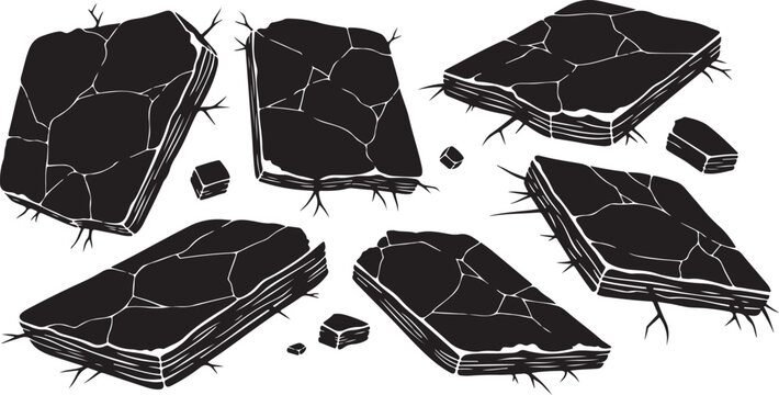 Cracked and broken black stones on white background illustration