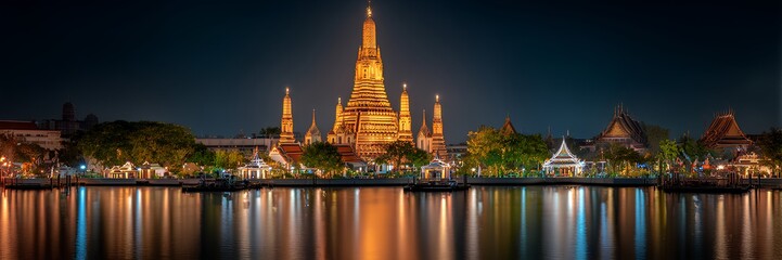 Fototapeta premium Wat Arun temple at night panorama with river reflections and illuminated Bangkok skyline, Thailand