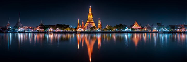 Naklejka premium Wat Arun temple night panorama with river reflections and illuminated Bangkok skyline, Thailand