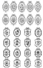 Vintage floral frame sheet with ornate designs and delicate hanging embellishments