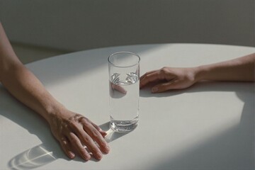 Hands Reaching for Glass of Water on Minimalist Table Setting