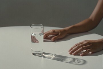 Hands Reaching for Glass of Water with Soft Shadow on Table