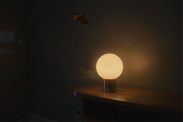 Soft Glowing Lamp on a Wooden Table with Fish in Background