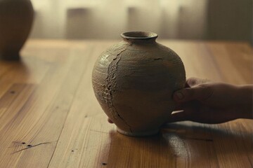 Hand Holding Ceramic Pot on Wooden Table with Natural Light