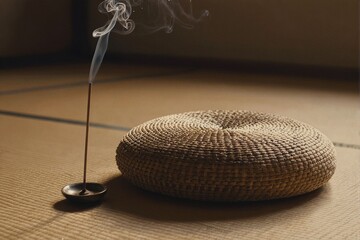 Peaceful moment with incense smoke and woven round cushion in interior