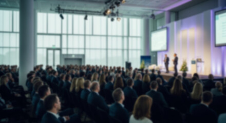 Blurred conference audience in modern hall with speakers and screens