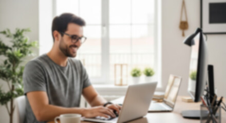 Smiling man working with laptop, artistic gaussian blur