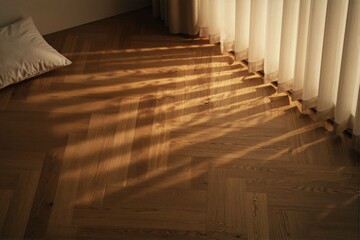 Soft Natural Light and Shadows on Wooden Floor with Curtain Fabric