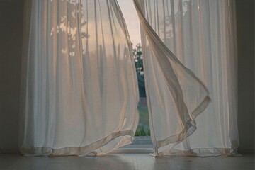 Elegant Sheer Curtains Gently Blowing in Soft Evening Light