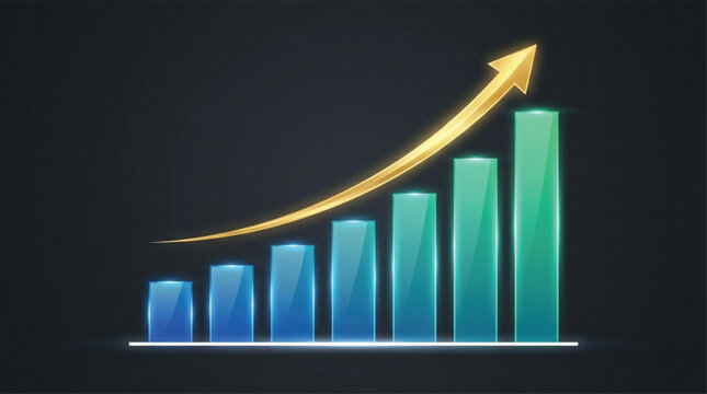 Increasing bar chart with rising gold arrow showing growth trend