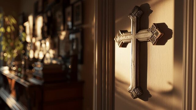 Exploring faith in a warm room with sunlight shining on a cross and reflections in a peaceful home setting