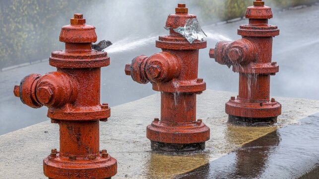 Damaged red fire hydrants with broken nozzles spraying water on a wet urban street