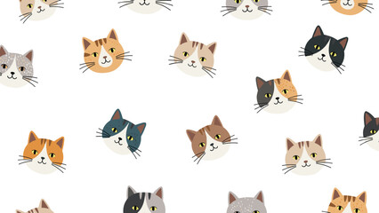 Fototapeta premium Various breeds of cute cat heads in different colors and patterns scattered on a white background for pet lover stationery and gifts.