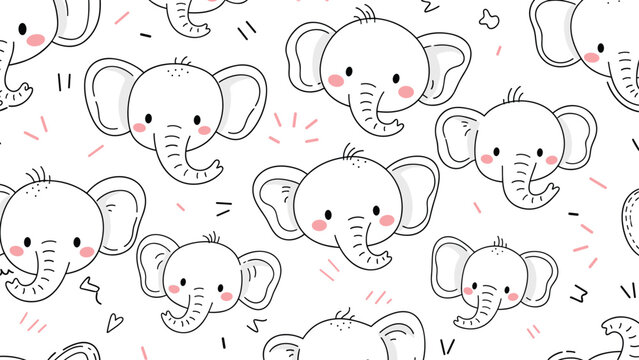 Hand drawn elephant heads with pink cheeks and decorative lines on a white background for baby nursery wall art and textile prints.