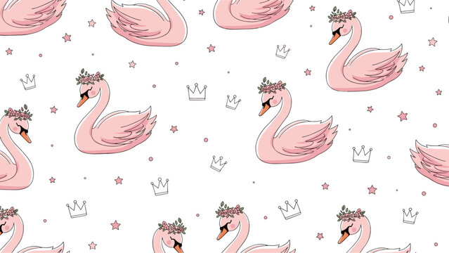 Graceful pink swans wearing floral crowns and small tiaras scattered on a white background with stars in a seamless nursery pattern.