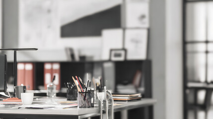 Fototapeta premium executive. Abstract workspace with blurred office elements, suggesting productivity and organization. pitch deck slides, case study pages, designed for brand storytelling and e-commerce strategy.