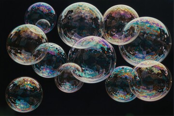 Colorful Soap Bubbles Floating Against a Dark Background