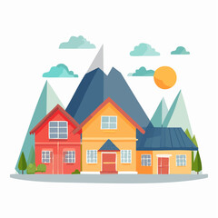 Fototapeta premium Flat Vector Illustration of Houses with Mountains and Sun