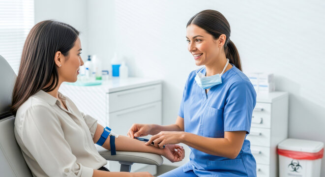 A female nurse taking a patient's blood sample