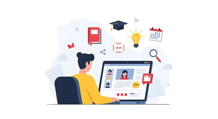 Fototapeta premium Online learning concept, student using laptop with virtual classroom icons